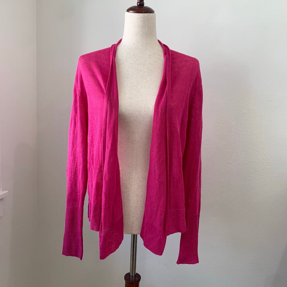 Eileen Fisher 100% Linen Open Cardigan sz Medium Berry Pink Long Sleeve EUC
